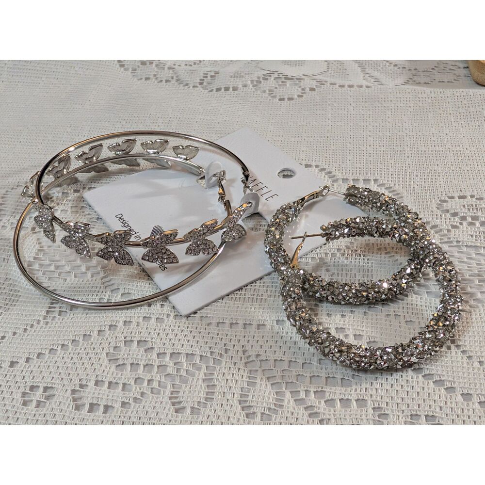 Y2K Silver Hoop Earring Lot - New Waffle Butterfly Hoops & Vintage Glitter Hoops